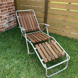 Vintage Mcm Patio Aluminum Chaise Lounge Redwood Wood Slats Lawn Chair