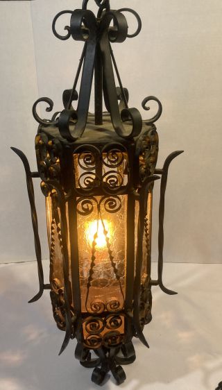 Vintage Mid Century Black Wrought Iron Spanish Revival Gothic Hanging Swag Lamp
