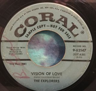The Explorers 45 Vision Of Love / On A Clear Night Coral Promo Rare Doo Wop 1959