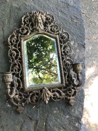 Antique Art Nouveau Ornate Brass Beveled Mirror 2 Candle Wall Sconce
