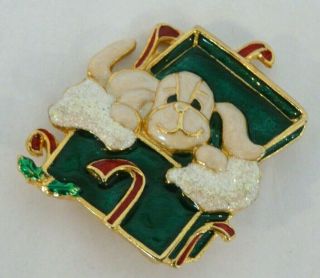 Vintage Gold Tone Red Green Enamel Candy Cane Holiday Puppy Dog Box Pin Brooch