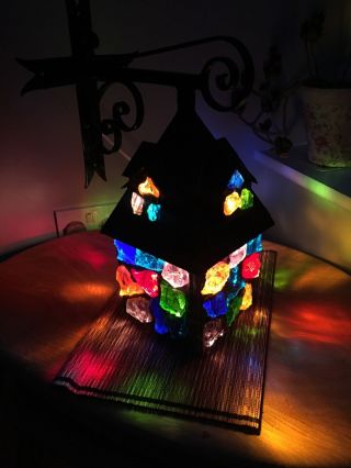Antique Signed Peter Marsh Lantern Lamp Multi Colored Glass Arts And Crafts