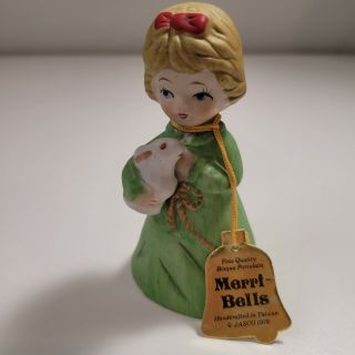 Merri - Bells Bell Vintage Jasco 1978 Girl With Bunny Green Coat Porcelain
