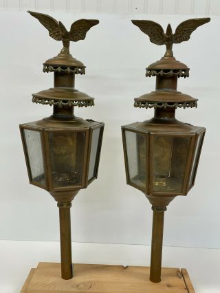 Antique Georgian Style Brass Coach Lamps W/ Eagles