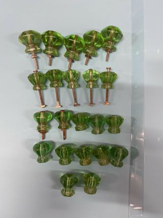 (22) Vintage Emerald Green Glass Drawer Pull Knob Kitchen Cabinet Door Hexagon