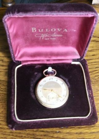 Vintage Bulova Open Face 10k Rolled Gold 17 Jewel Pocket Watch W/original Box