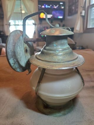 Antique Copper Arts & Crafts Porch Light Fixture With Frosted Ornate Glass