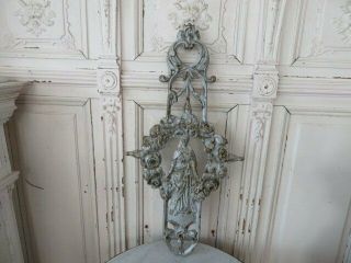 THE BEST Old French CAST METAL Cross Fragment MADONNA in Circle of ROSES PATINA 2