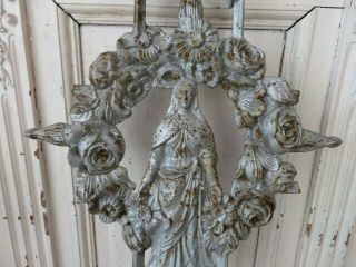 THE BEST Old French CAST METAL Cross Fragment MADONNA in Circle of ROSES PATINA 3