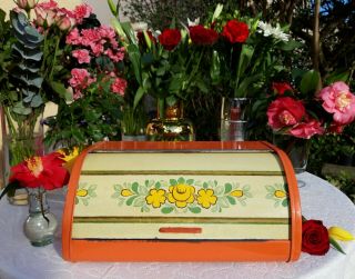Lovely Vintage French Tin Bread Box Orange Yellow Roses 1960s Roll Top Toleware