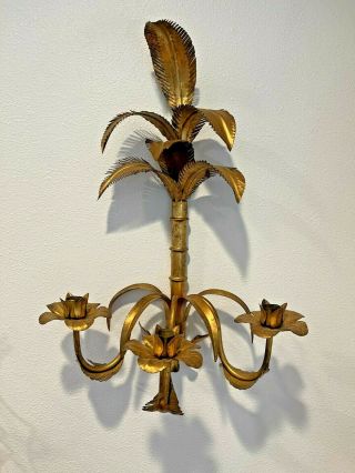Vtg Antique Gilt Gold Metal Wall Sconce Candelabra Flowers Palm Leaves 24 "