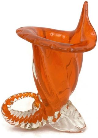 Archimede Seguso Murano Orange Cornucopia Art Glass Vase Vintage Italian