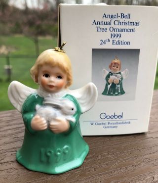 1999 Goebel Annual Angel Bell Christmas Ornament Green W/ Bunny 24th Ed W/ Box