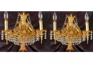 Mcm Brass Gold Crystal Prisms 4 Bulb Vintage Wall Sconce Light Fixtures