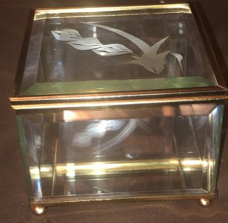 Vintage Etched Beveled Glass And Brass Jewelry Trinket Box