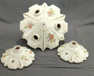 Antique 3 - Piece Porcelier Ceiling Light Fixtures Flowers Complete Set
