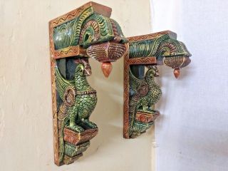 Wall Hanging Bracket Peacock Sculpted Corbel Pair Wooden Statue Home Decor Rare