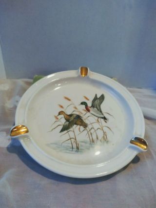 Vintage Large Ceramic Duck Mallard Hunting Birds Ashtray 22k Gold Usa 8 " Wide