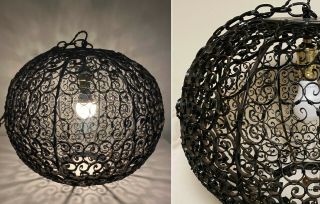 Vintage Mid Century Black Wrought Iron Spanish Revival Gothic Hanging Swag Lamp