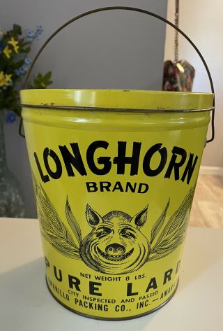Vintage Rare Longhorn Brand Pure Lard Tin Can Amarillo Texas Packing Co.  8lb Can