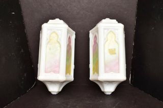Art Deco Slip shade MILK Glass Wall Sconce Shades Pair painted Cathedral windows 2