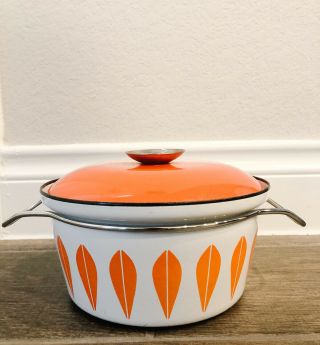 Vintage Cathrineholm Norway Orange Lotus Enamel Casserole Pot 10.  5 " Pan