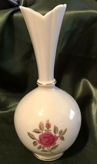 Vintage Lenox Rhodora Bud Vase Ivory Pink Rose Gold Leaves 24k Gold Trim 8 " Tall
