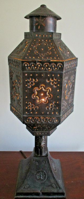 Stunning Vintage Hand Made Mexican Punched Tin Folk Art Table Lamp