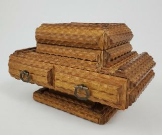 Vintage Pedestal Tramp Art Box Dry Finish Folk Art Sewing Keepsake Trinket