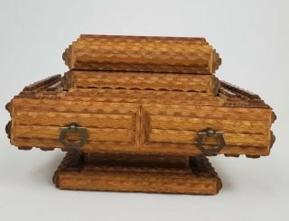 Vintage Pedestal Tramp Art Box Dry Finish Folk Art Sewing Keepsake Trinket 2