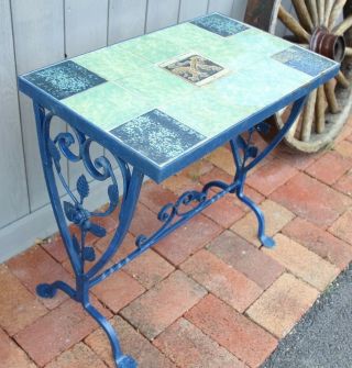 Wrought Iron End Table Floral Rose Design Tiled Top Vintage Indoor Outdoor