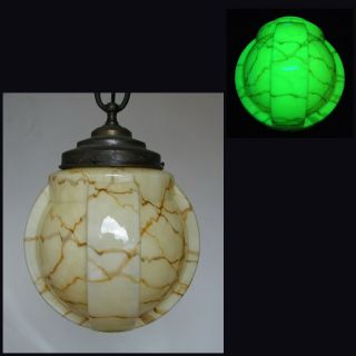 Antique Art Deco 1930 Vaseline Glass Hanging Ceiling Light Marbled Slag Globe