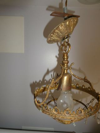 Antique Ornate Gilt Bronze Ceiling Fixture Light Lamp Chandelier W/crystals