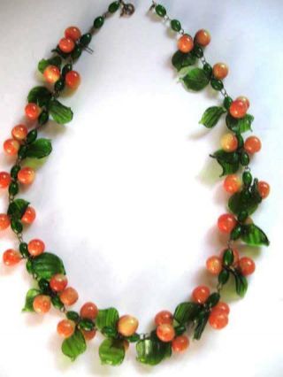Vintage Art Deco 1930’s Italian Murano Hand Blown Glass Fruit & Leaves Necklace