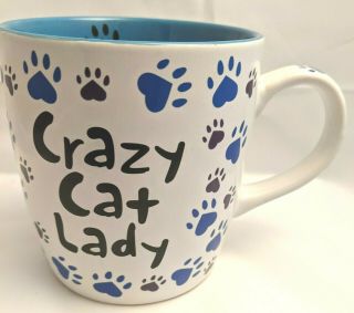 Crazy Cat Lady Coffee Mug And Proud Of It Animal Rescue 14 Oz White Blue Paws