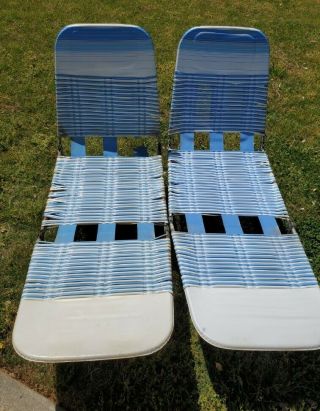 Pair Vintage Folding Vinyl Tube Chaise Lounge Adjustable Lawn Chairs Beach Patio