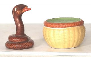 Vintage Snake With Basket Ceramic Salt And Pepper Shakers Cork Bottom