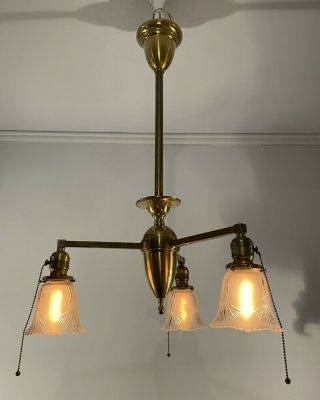 Antique Victorian 3 - Arm Brass Chandelier Light Fixture W/ Shades Rewired