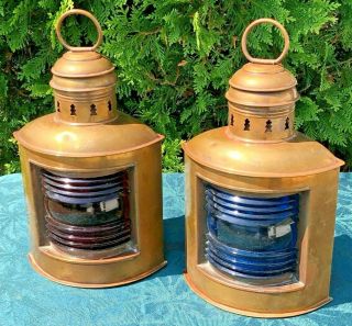 Antique Brass Port & Starboard Ships Lanterns Nautical Oil Lamps Vintage Lamps