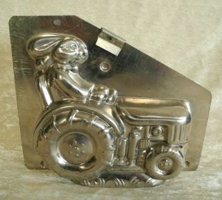 Old Antique Vintage Chocolate Mold Easter Bunny On Tractor / Farm Car.