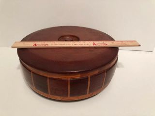Vintage Large Round Wood Box With Lid Inlaid Wood 10.  5” X 4 3/4” Tall Handmade
