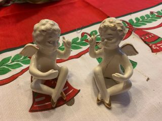2 Vtg Porcelain Christmas Angels Figurines Made In Japan White Gold Trim