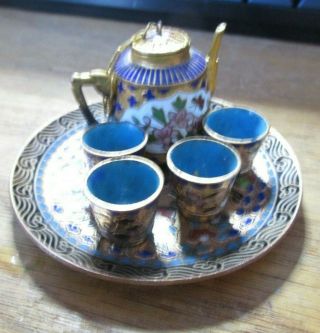 Vintage Brass Enamel Miniature Tea Set Flower Design Sake Cups Euc