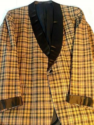 Vintage Madras Tuxedo Jacket With Black Silk Shawl Lapels & Cuffs Sz 40 R