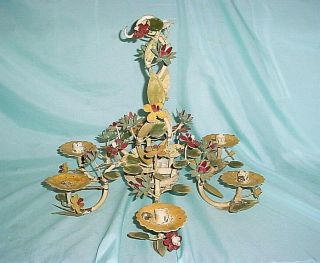 Antique Tole Chandelier 6 Arm Ceiling Light Flowers Candle Holder Iron Wrought