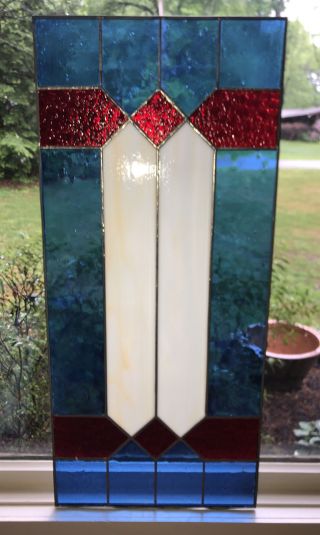 Vintage Antq Leaded Stained Glass Panel Window 24.  5 " X 11 " Red White & Blue