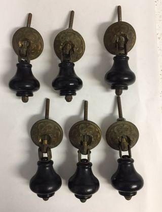 Set Of 6 - Large Black/brass Victorian Eastlake Teardrop Drawer Pulls Knobs