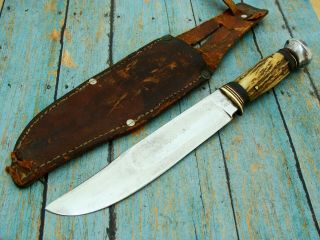 Vintage Marshall Wells Co Germany Wood King Stag Hunting Bowie Knife Set Knives