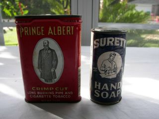 Vintage Surety Hand Soap Tin 2 Oz W/soap Prince Albert Tin 1 1/2 Oz