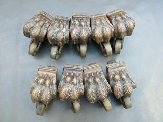 Set Of 9 Antique Brass Lion Foot Claw Castors - Furniture Restoration Parts